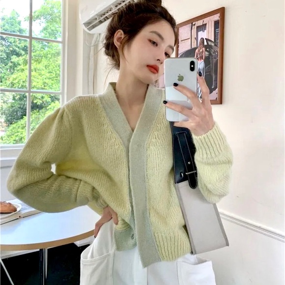 YesStyle Sweaters - SOLD YesStyle V-Neck Two-Tone Green Knit Button-Up Trendy Cardigan